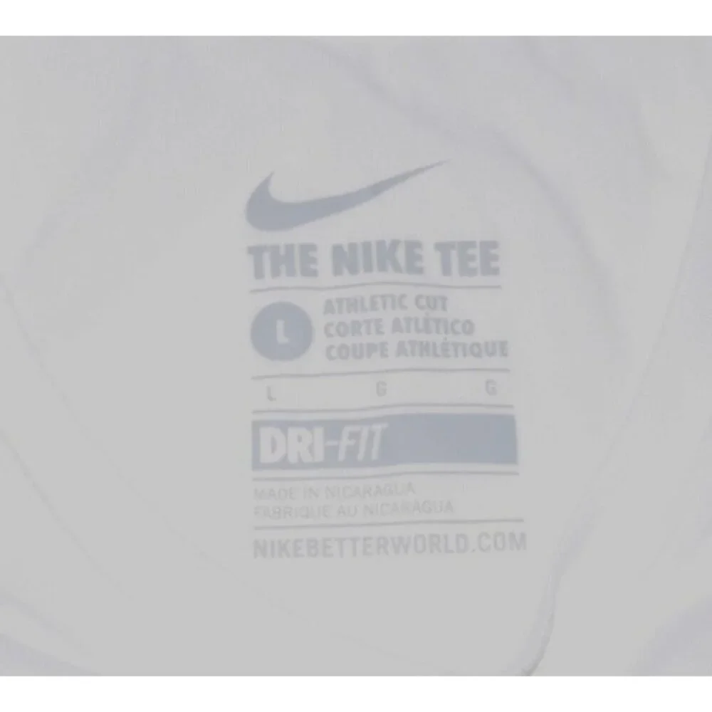 The NIKE Tee Athletic Cut white polyester short sleeve shirt WHEATON THUNDER LG